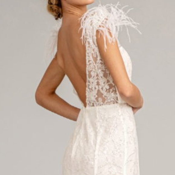 WHITE Feather Embellished Sleeveless Glitter Mesh Prom Dress Sheer Back GL1983 - Picture 4 of 8